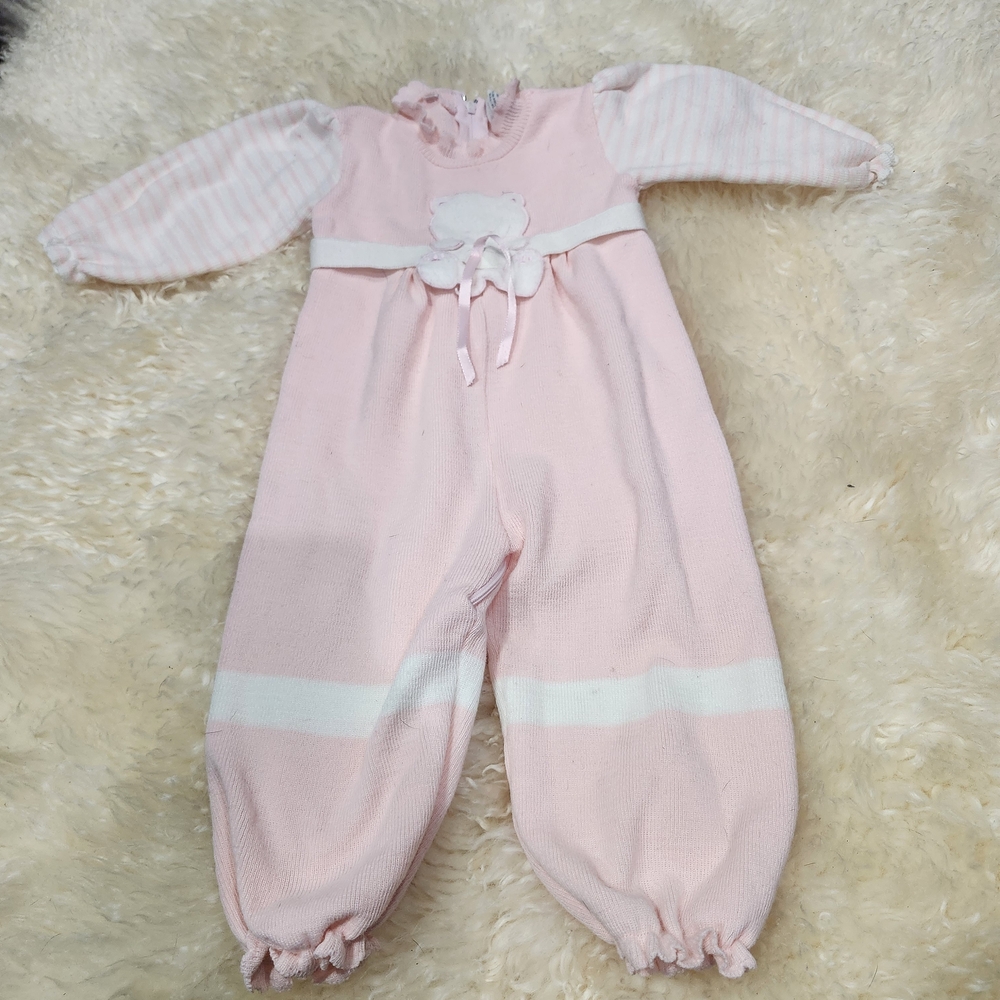 Vintage Pink Baby Girl Outfit with White Accents And Bear Size 12 Month